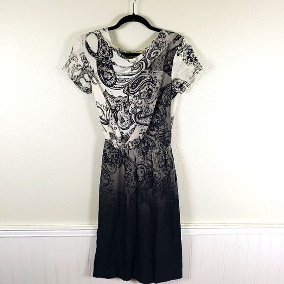Etro Women's Black Ombre Paisley Empire Waist Midi Short Sleeve Dress Size 42 - Picture 1 of 11